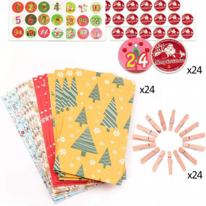 Set de 24 pungi cu autocolante si clipsuri pentru calendar de advent KATELUO, hartie/lemn, multicolor, 22 x 8 x 12 cm /4 cm