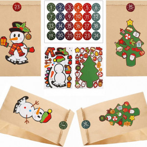 Set de 24 pungi si 48 stickere pentru calendarul de advent Tenwo, hartie/PVC, multicolor, 12 x 8 x 22 cm