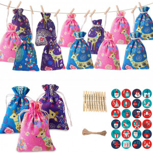 Set de 24 saculeti cu autocolante si clipsuri pentru calendar de advent DYWW, textil,/hartie/lemn, multicolor
