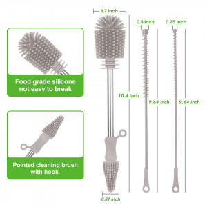 Set de 3 perii de curatare pentru sticle Haakaa, silicon/otel inoxidabil, gri, 26,4/ 24,5 cm