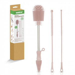 Set de 3 perii pentru curatarea sticlelor Haakaa silucon, argintiu/roz