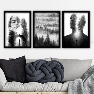 Set de 3 tablouri Lulu, lemn, alb/negru, 35 x 45 cm