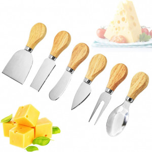 Set de 6 spatule pentru branza JDwinwin, lemn/otel inoxidabil, argintiu/natur