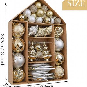 Set de 70 decoratiuni pentru bradul de Craciun Valery Madelyn, plastic, alb/auriu, 3-9 cm