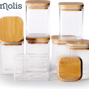 Set de 8 borcane pentru condimente Molis®, sticla/bambus, transparent /natur, 8,5 x 6,5 cm