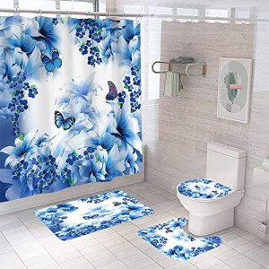 Set de accesorii pentru baie TIEHAN, 4 piese, poliester, alb/albastru