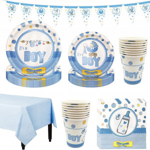 Set de vesela pentru botez Amycute, carton, alb/albastru/galben, 42 piese