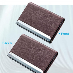 Suport pentru carti de vizita MUCO, piele PU/metal, maro/argintiu, 9,6 x 6,4 x 1,3 cm
