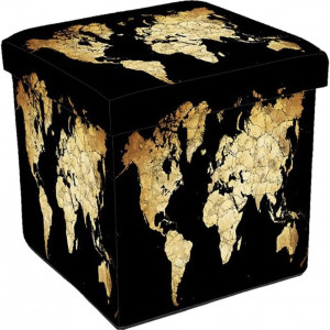 Taburet pliabil cu spatiu de depozitare Nahuel, lemn/textil, model harta lumii, negru, 34 x 34 cm