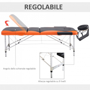 HOMCOM 700-039- Sezlong pentru masaj profesional pliabil din aluminiu, negru si portocaliu, 214 x 60 cm