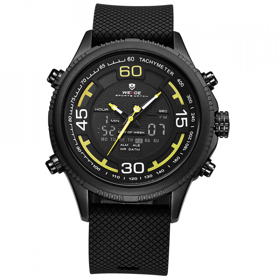 Ceas WEIDE, Quartz, Casual Sport, Galben, Curea Silicon, WH6306B-7C