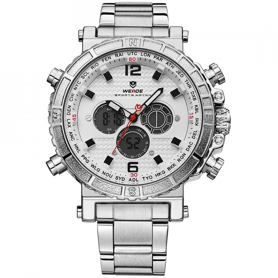 Ceas WEIDE, Quartz, Casual Sport, Alb, Curea Metalica, WH6305-2C