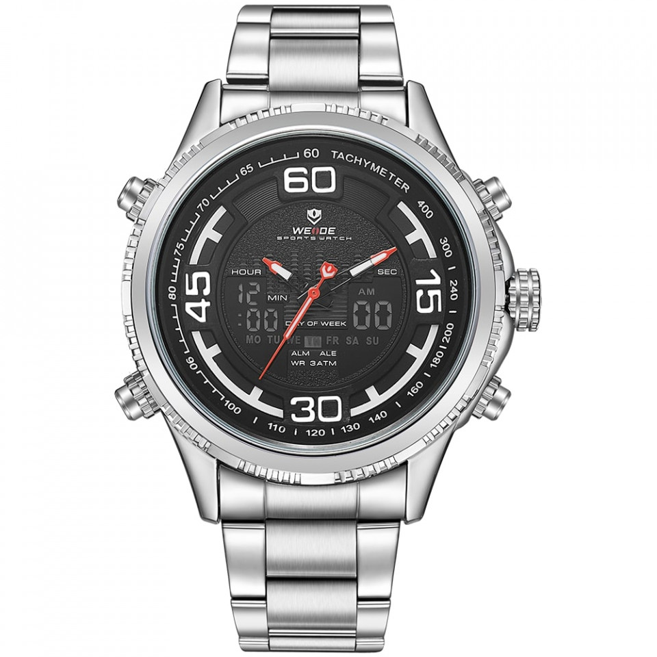 Ceas WEIDE, Quartz, Casual Sport, Negru, Curea Metalica, WH6306-1C