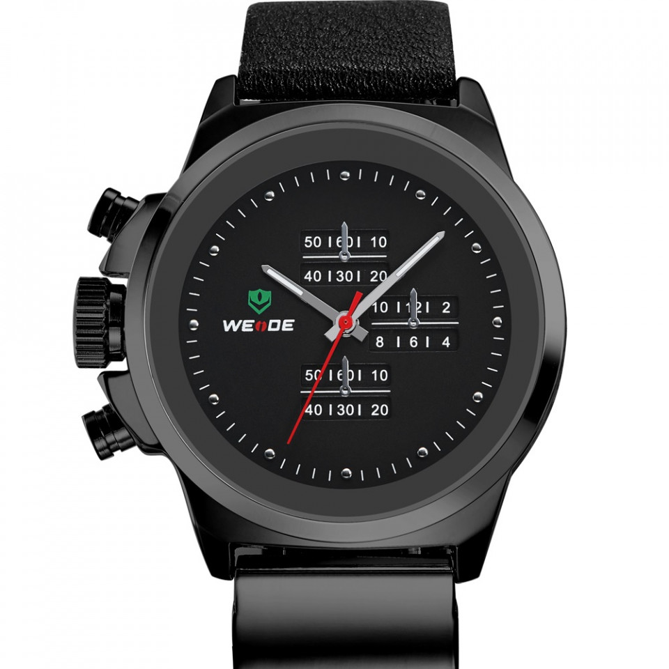 Ceas WEIDE, Quartz, Casual Sport, Negru, Curea Piele, WH3305B-1C