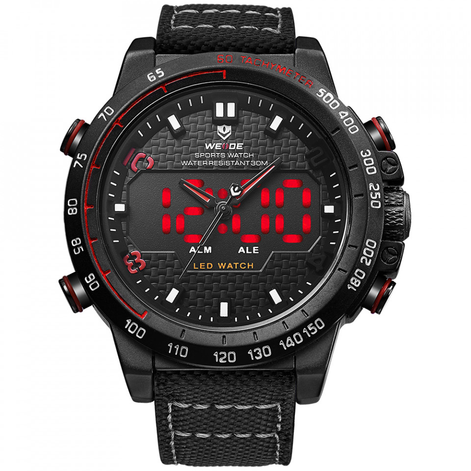 Ceas WEIDE, Quartz, Casual Sport, Rosu, Curea Piele, WH6102B-6C