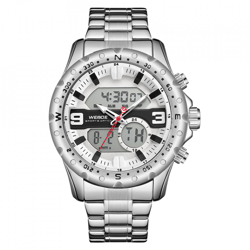 Ceas WEIDE, Quartz, Casual Sport, Alb, Curea Metalica, WH8502-2C