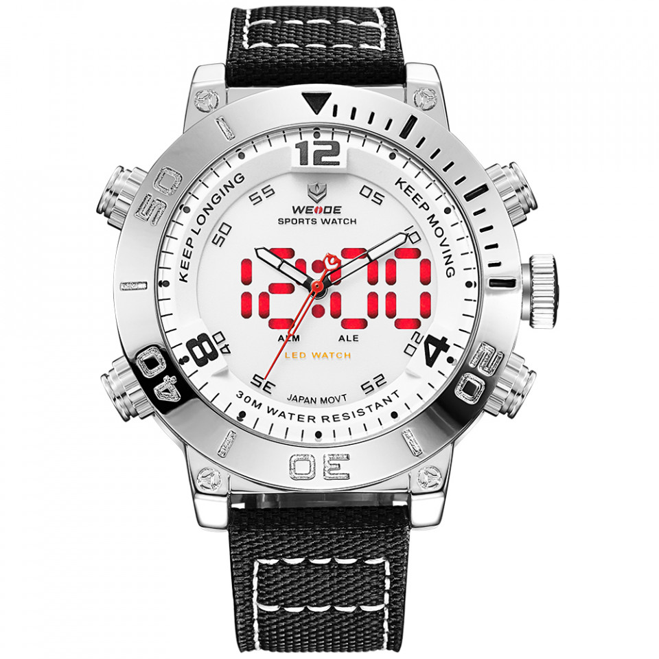 Ceas WEIDE, Quartz, Casual Sport, Alb, Curea Piele, WH6103-2C