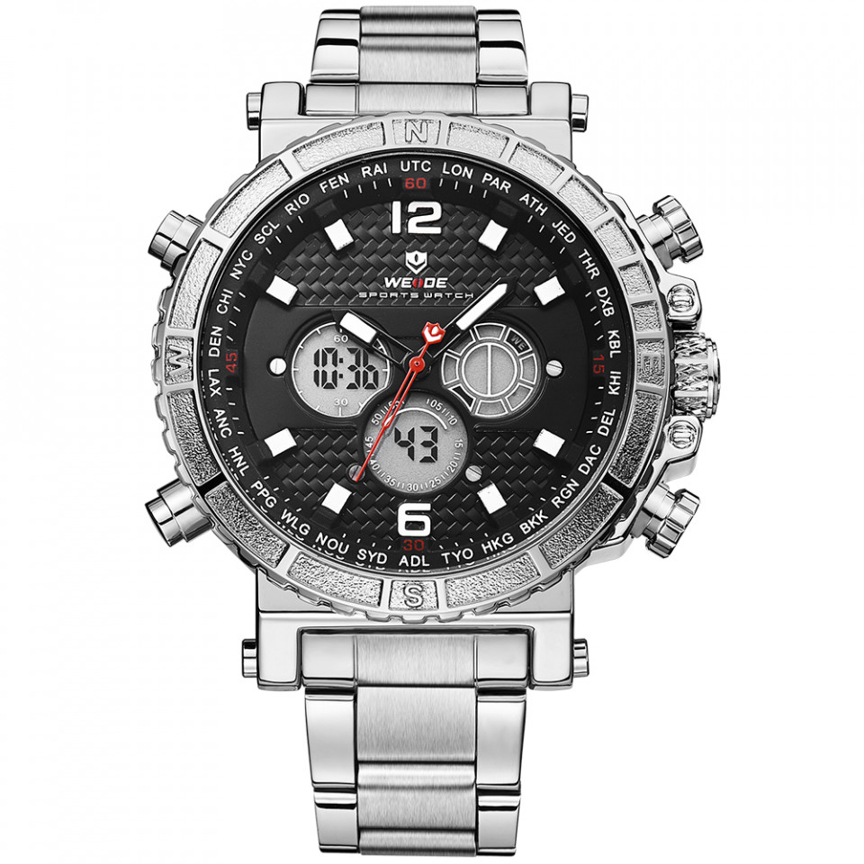 Ceas WEIDE, Quartz, Casual Sport, Negru, Curea Metalica, WH6305-1C