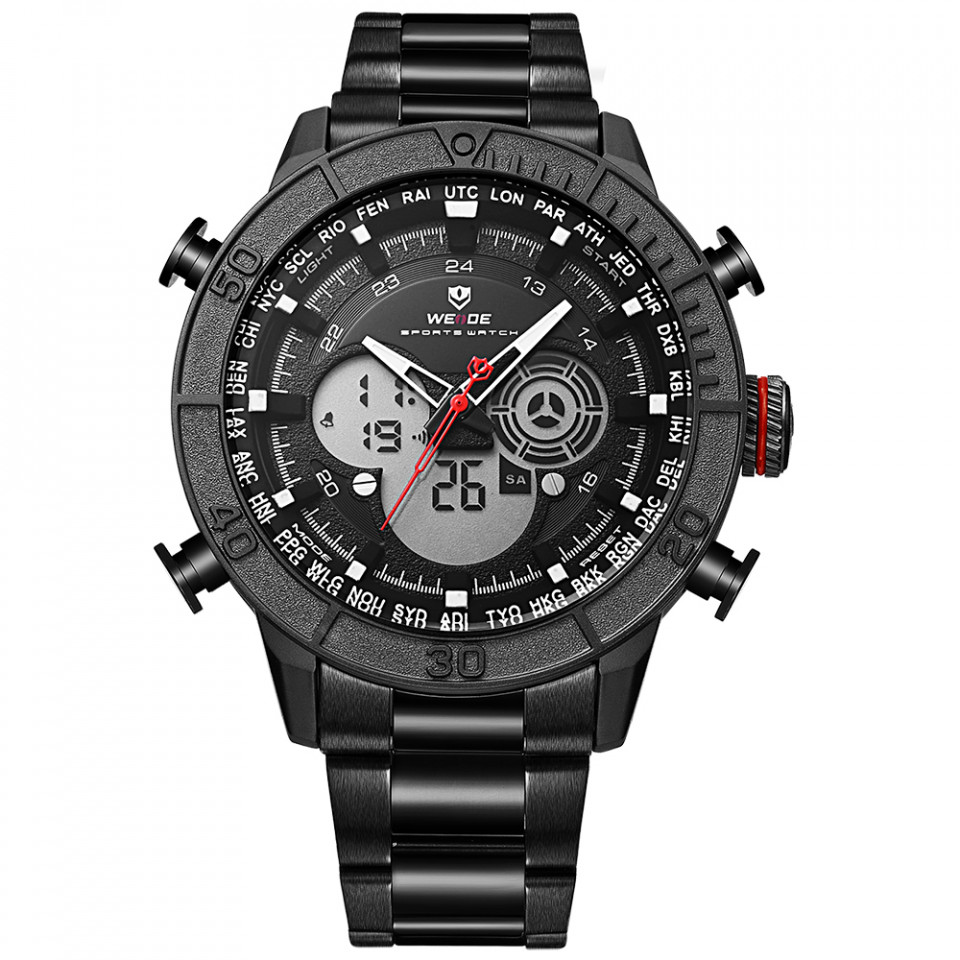 Ceas WEIDE, Quartz, Casual Sport, Negru, Curea Metalica, WH6308B-1C