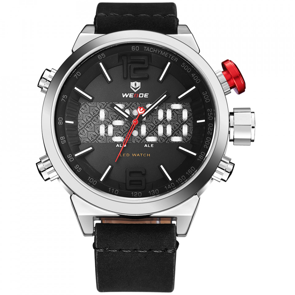 Ceas WEIDE, Quartz, Casual Sport, Negru, Curea Piele, WH6101-1C