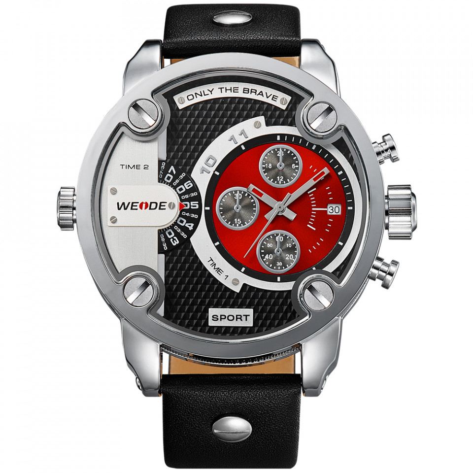 Ceas WEIDE, Quartz, Casual Sport, Rosu, Curea Piele, WH3301-3C