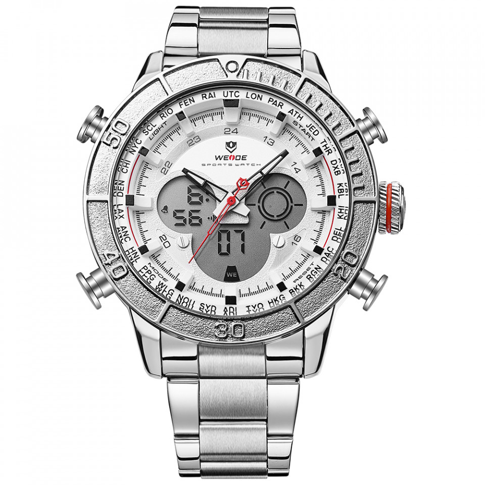 Ceas WEIDE, Quartz, Casual Sport, Alb, Curea Metalica, WH6308-2C