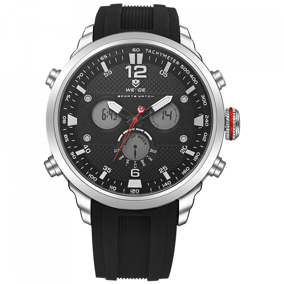 Ceas WEIDE, Quartz, Casual Sport, Negru, Curea Silicon, WH6303-3C
