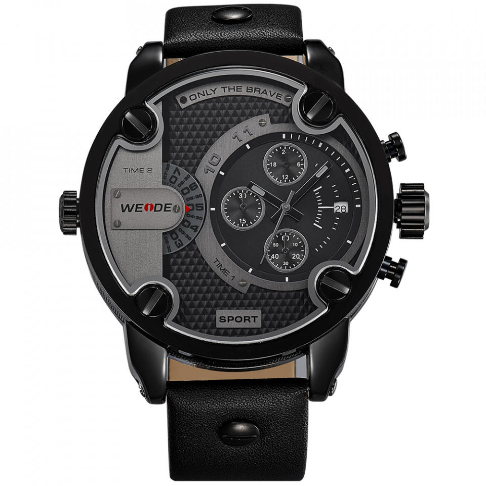 Ceas WEIDE, Quartz, Casual Sport, Negru, Curea Piele, WH3301B-1C