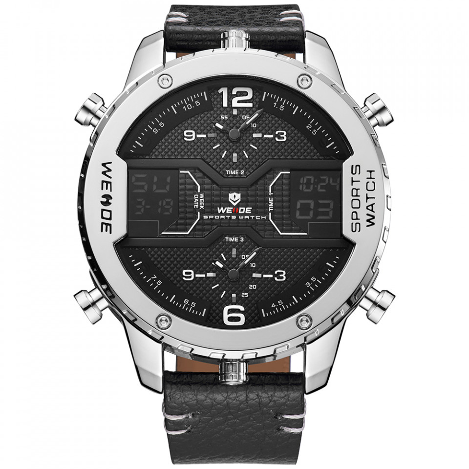 Ceas WEIDE, Quartz, Casual Sport, Negru, Curea Piele, WH6401-1C