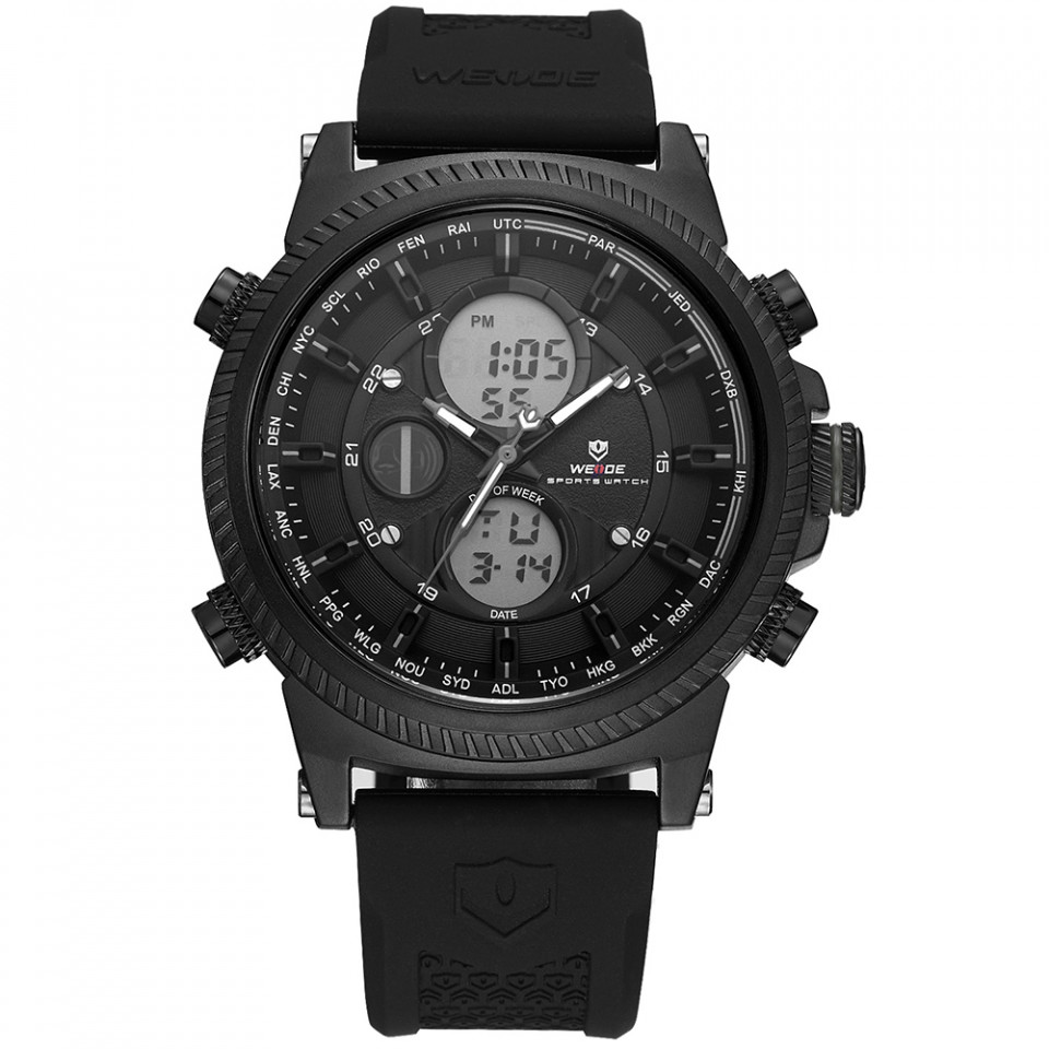 Ceas WEIDE, Quartz, Casual Sport, Negru, Curea Silicon, WH6403B-1C