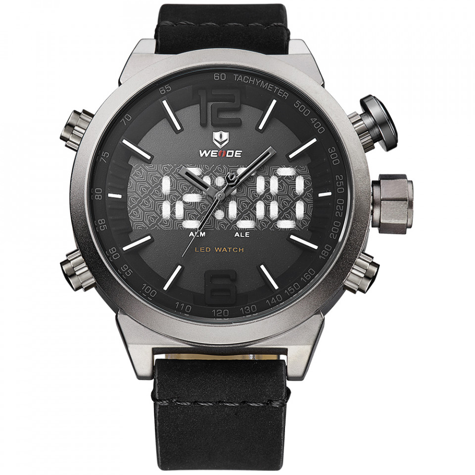 Ceas WEIDE, Quartz, Casual Sport, Negru, Curea Piele, WH6101-3C