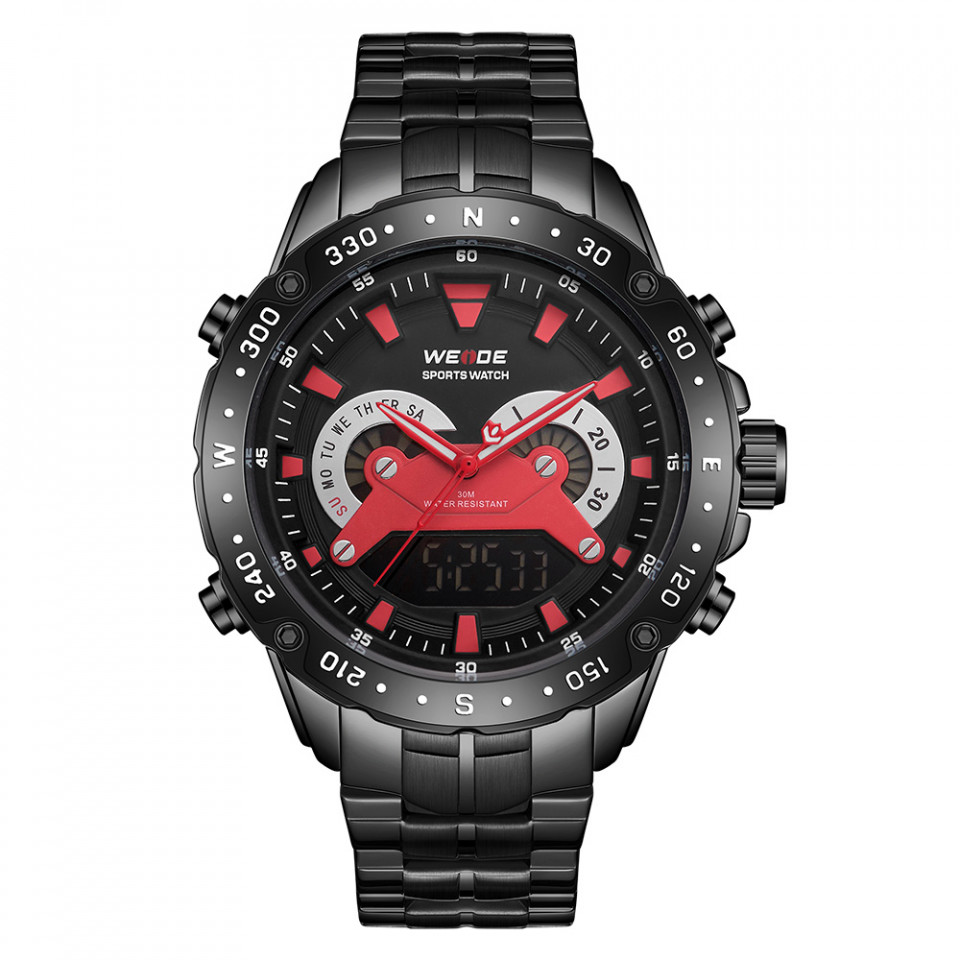 Ceas WEIDE, Quartz, Casual Sport, Rosu, Curea Metalica, WH8501B-2C