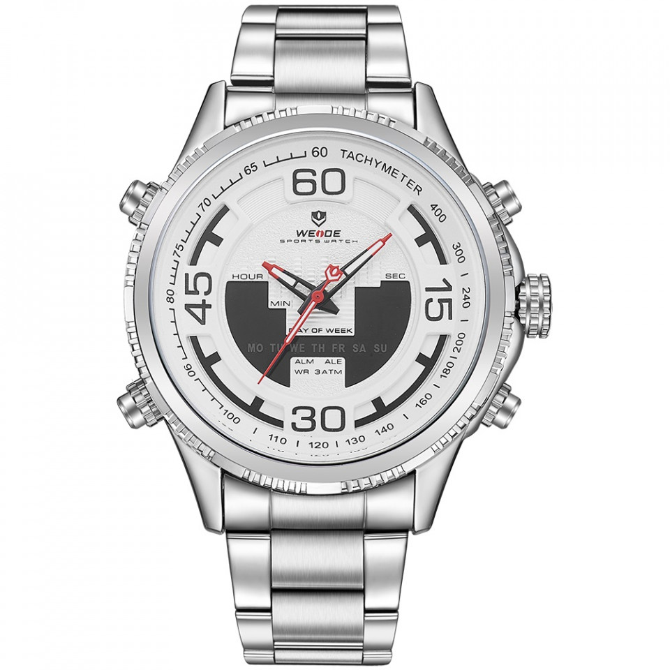 Ceas WEIDE, Quartz, Casual Sport, Alb, Curea Metalica, WH6306-2C