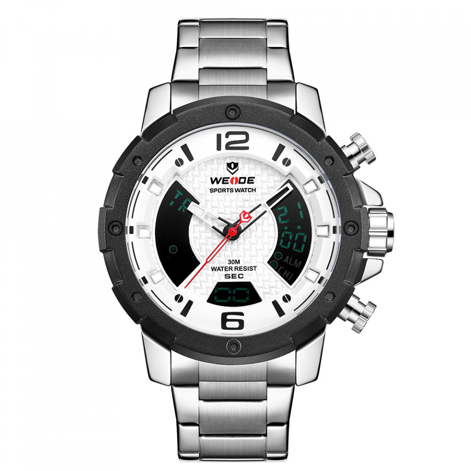 Ceas WEIDE, Quartz, Casual Sport, Alb, Curea Metalica, WH8504-2C