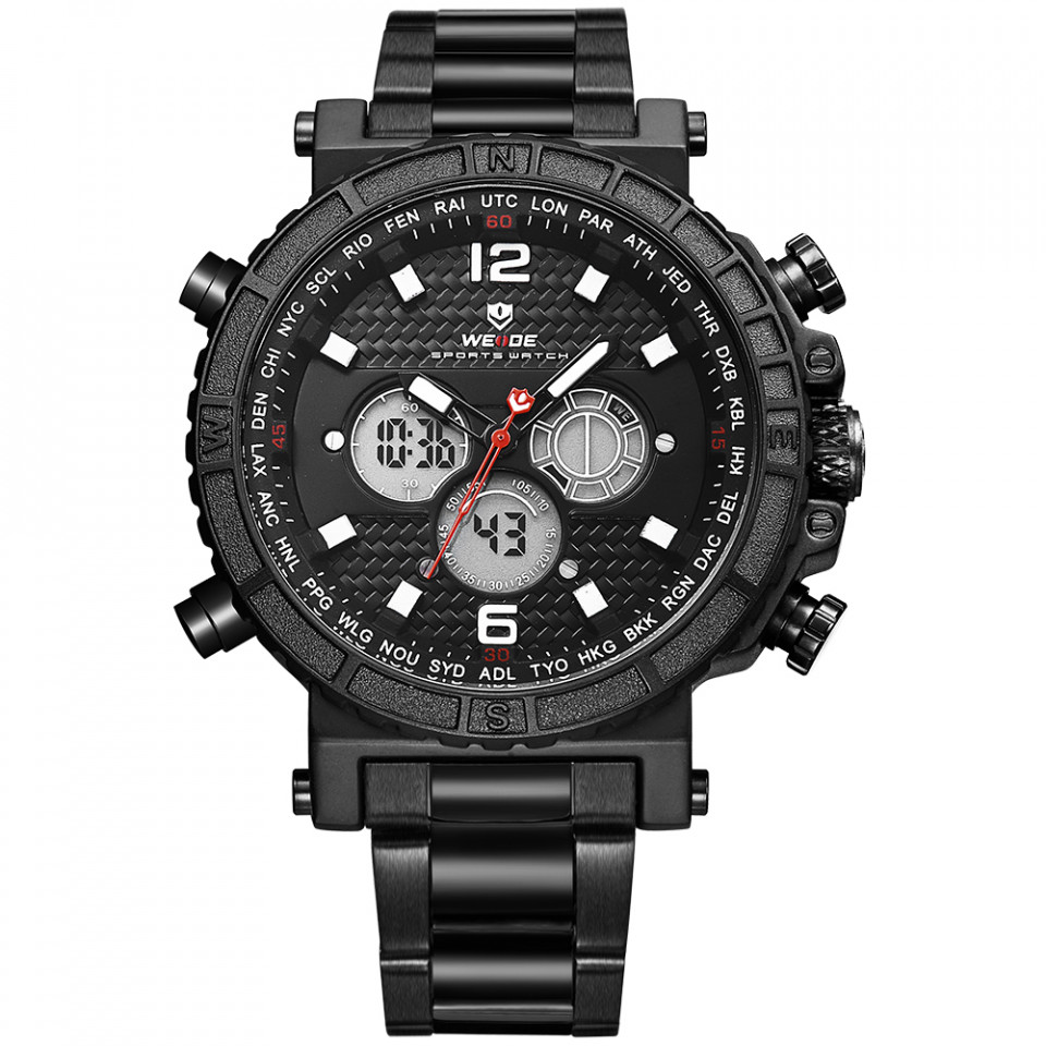 Ceas WEIDE, Quartz, Casual Sport, Negru, Curea Metalica, WH6305B-1C