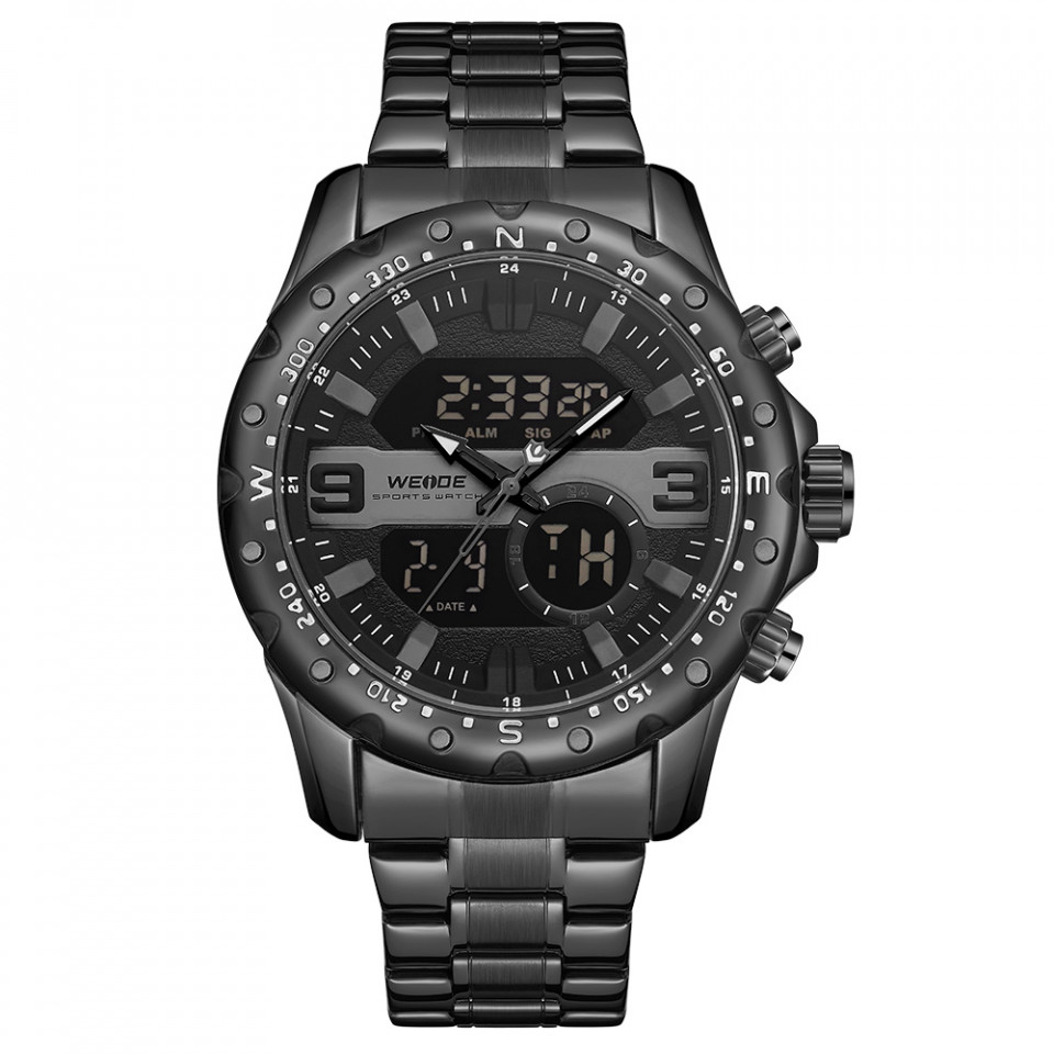 Ceas WEIDE, Quartz, Casual Sport, Negru, Curea Metalica, WH8502B-1C