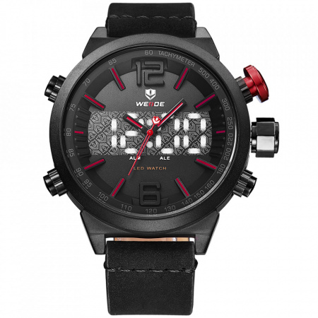 Ceas WEIDE, Quartz, Casual Sport, Rosu, Curea Piele, WH6101B-1C
