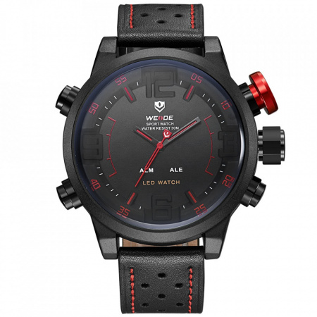 Ceas WEIDE, Quartz, Casual Sport, Rosu, Curea Piele, WH5210B-2C