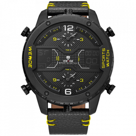Ceas WEIDE, Quartz, Casual Sport, Galben, Curea Piele, WH6401B-3C