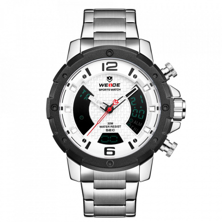 Ceas WEIDE, Quartz, Casual Sport, Alb, Curea Metalica, WH8504-2C