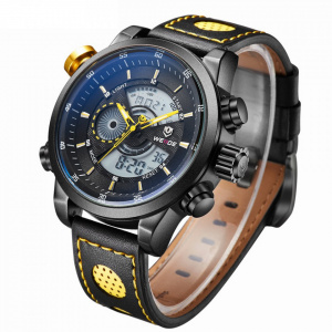 Ceas WEIDE, Quartz, Casual Sport, Galben, Curea Piele, WH3401B-7C