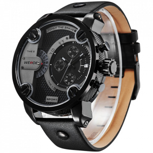Ceas WEIDE, Quartz, Casual Sport, Negru, Curea Piele, WH3301B-1C