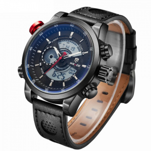 Ceas WEIDE, Quartz, Casual Sport, Negru, Curea Piele, WH3401B-5C