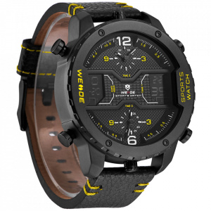 Ceas WEIDE, Quartz, Casual Sport, Galben, Curea Piele, WH6401B-3C