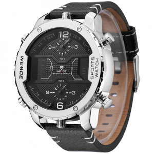 Ceas WEIDE, Quartz, Casual Sport, Negru, Curea Piele, WH6401-1C