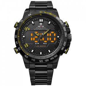 Ceas WEIDE, Quartz, Casual Sport, Galben, Curea Metalica, WH6102B-3C