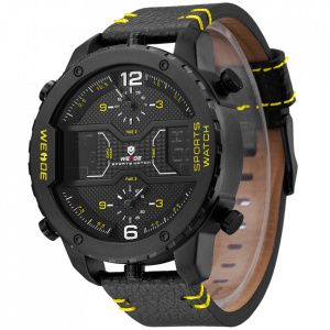 Ceas WEIDE, Quartz, Casual Sport, Galben, Curea Piele, WH6401B-3C