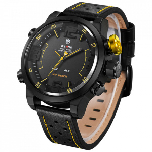 Ceas WEIDE, Quartz, Casual Sport, Galben, Curea Piele, WH5210B-3C