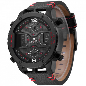 Ceas WEIDE, Quartz, Casual Sport, Rosu, Curea Piele, WH6401B-2C
