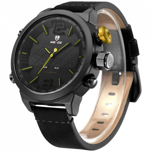 Ceas WEIDE, Quartz, Casual Sport, Galben, Curea Piele, WH6101B-2C